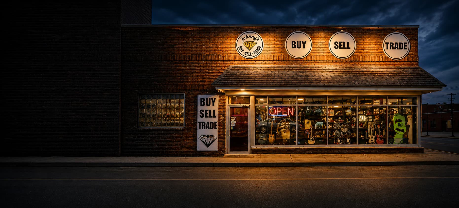 Johnny’s Buy, Sell, Trade storefront in Lincoln at dusk